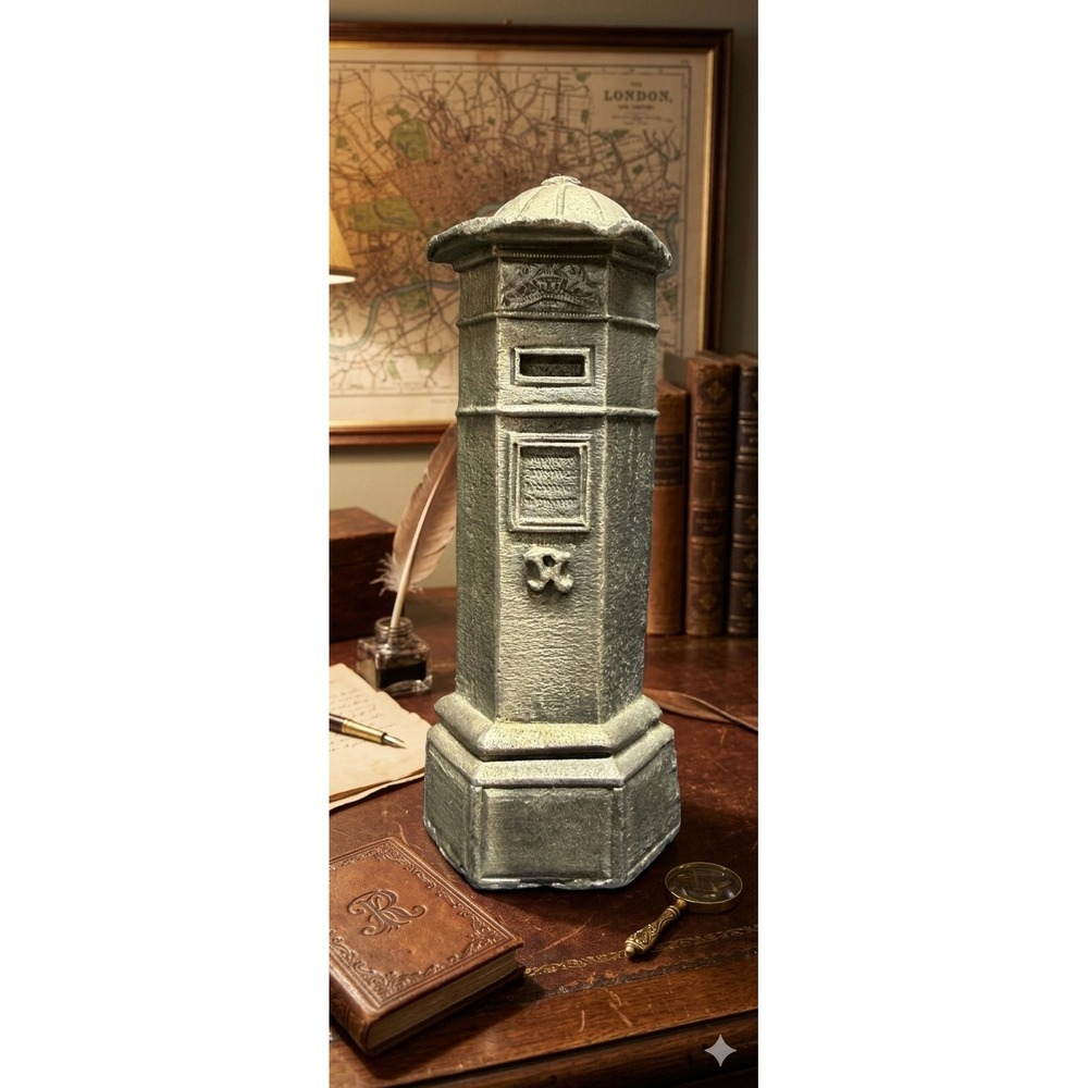 Vintage British Penfold Pillar Box Coin Bank 1902 Commemorative Mailbox Silver